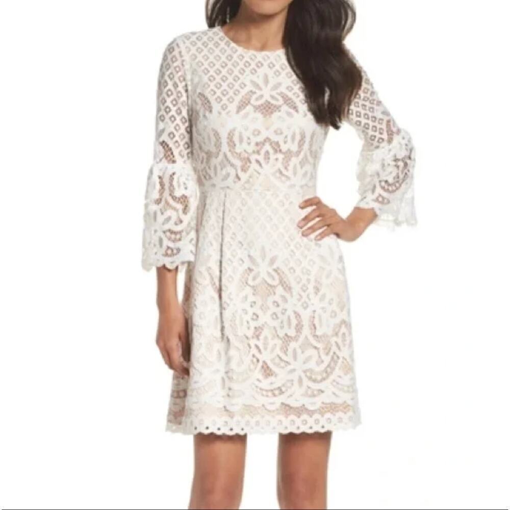 Eliza J Cream Crochet Lace 3/4 Bell Sleeve Dress • Size 6 • Coquette Whimsy ⬇️